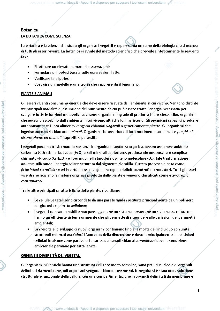 Anteprima pagina 1 — Appunti di Botanica Generale e Sistematica
