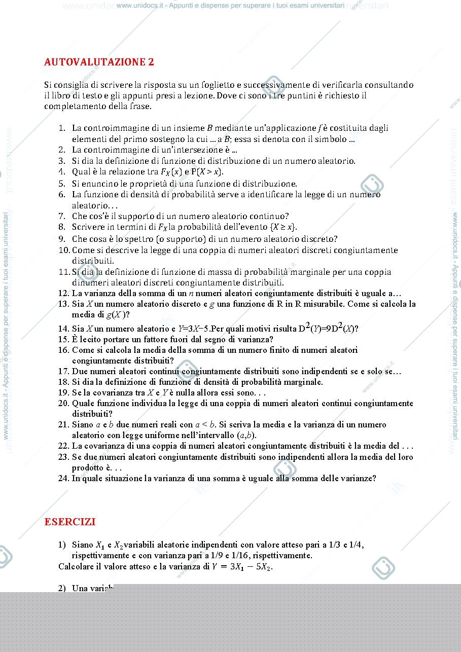 Anteprima pagina 1 — AUTOVALUTAZIONE MODULO CALCOLO DELLE PROBABILITÀ