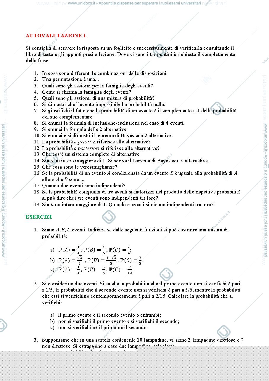 Anteprima pagina 1 — AUTOVALUTAZIONE MODULO CALCOLO DELLE PROBABILITÀ