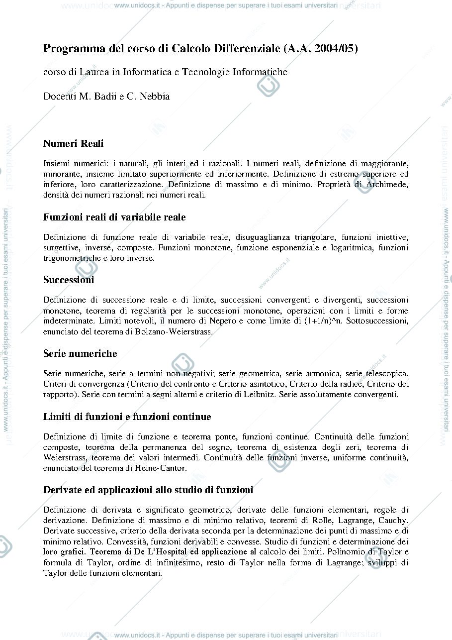 Anteprima pagina 1 — Programma del corso Calcolo Differenziale