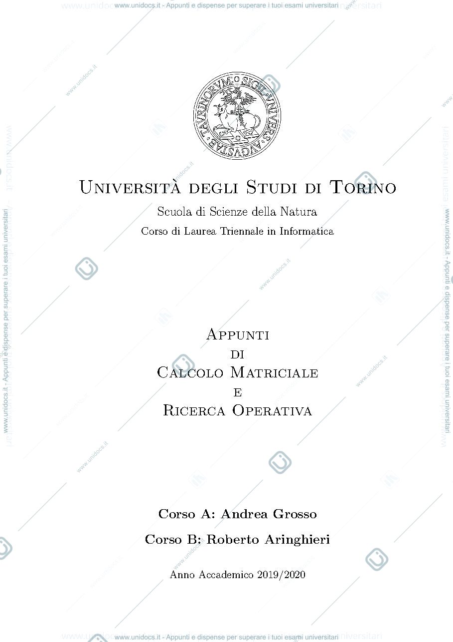 Anteprima pagina 1 — Appunti di calcolo matriciale e ricerca operativa