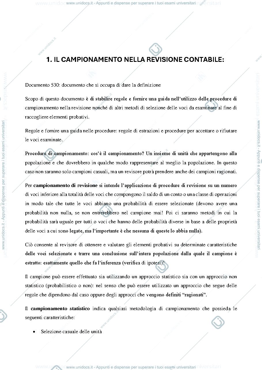 Anteprima pagina 1 — Appunti di Campionamento per l'Audit