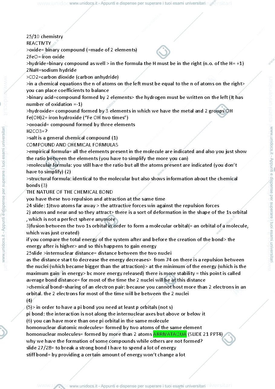 Anteprima pagina 1 — Appunti lezione di chemistry