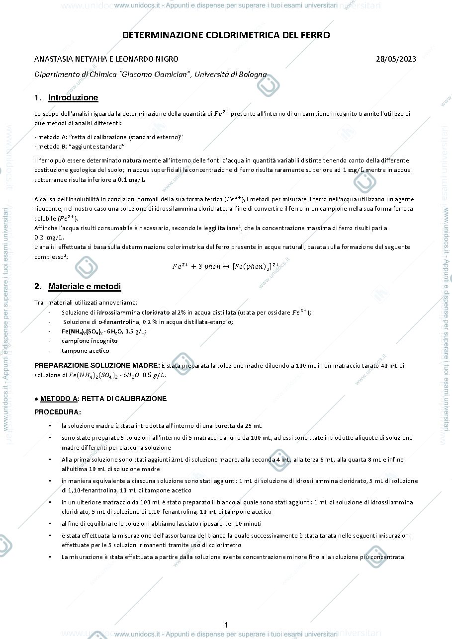 Anteprima pagina 1 — Relazione Lab Analitica 1: DETERMINAZIONE COLORIMETRICA DEL FERRO