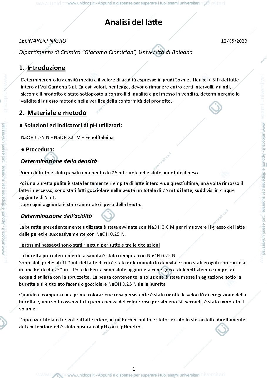 Anteprima pagina 1 — Relazione Lab Analitica 1: Analisi del latte