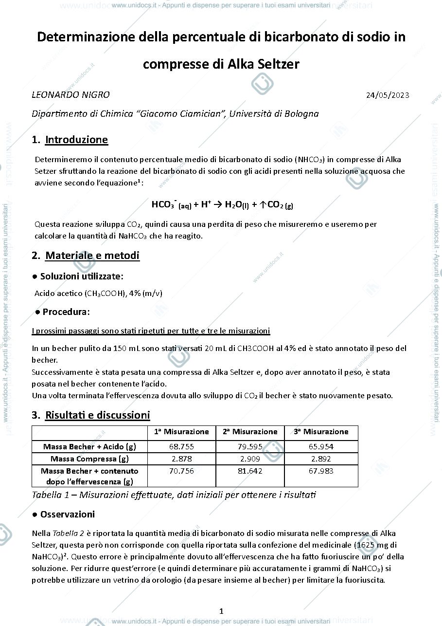 Anteprima pagina 1 — Determinazione della percentuale di bicarbonato di sodio in compresse di Alka Seltzer