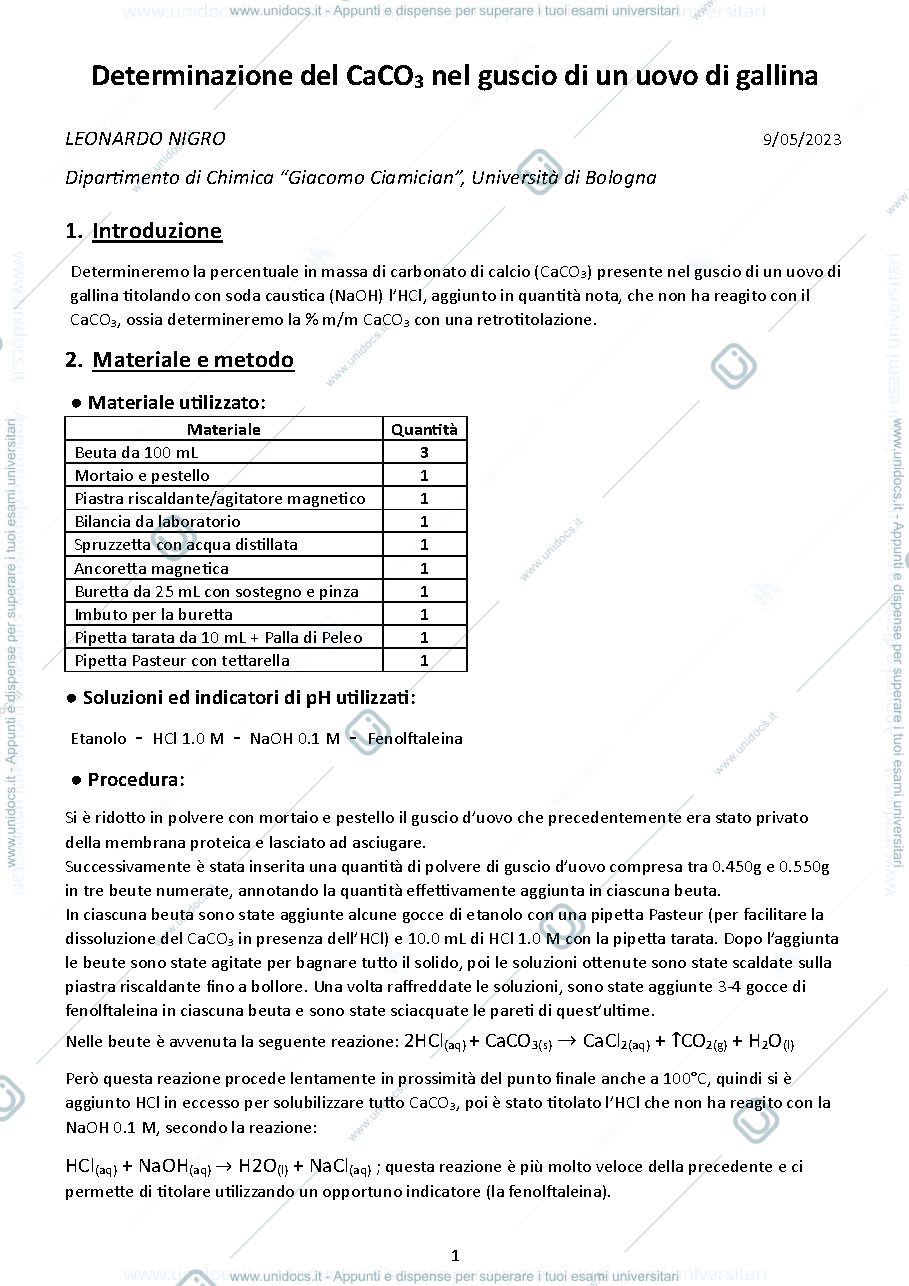 Anteprima pagina 1 — Relazione Lab Analitica 1: Determinazione del CaCO3 nel guscio di un uovo di gallina