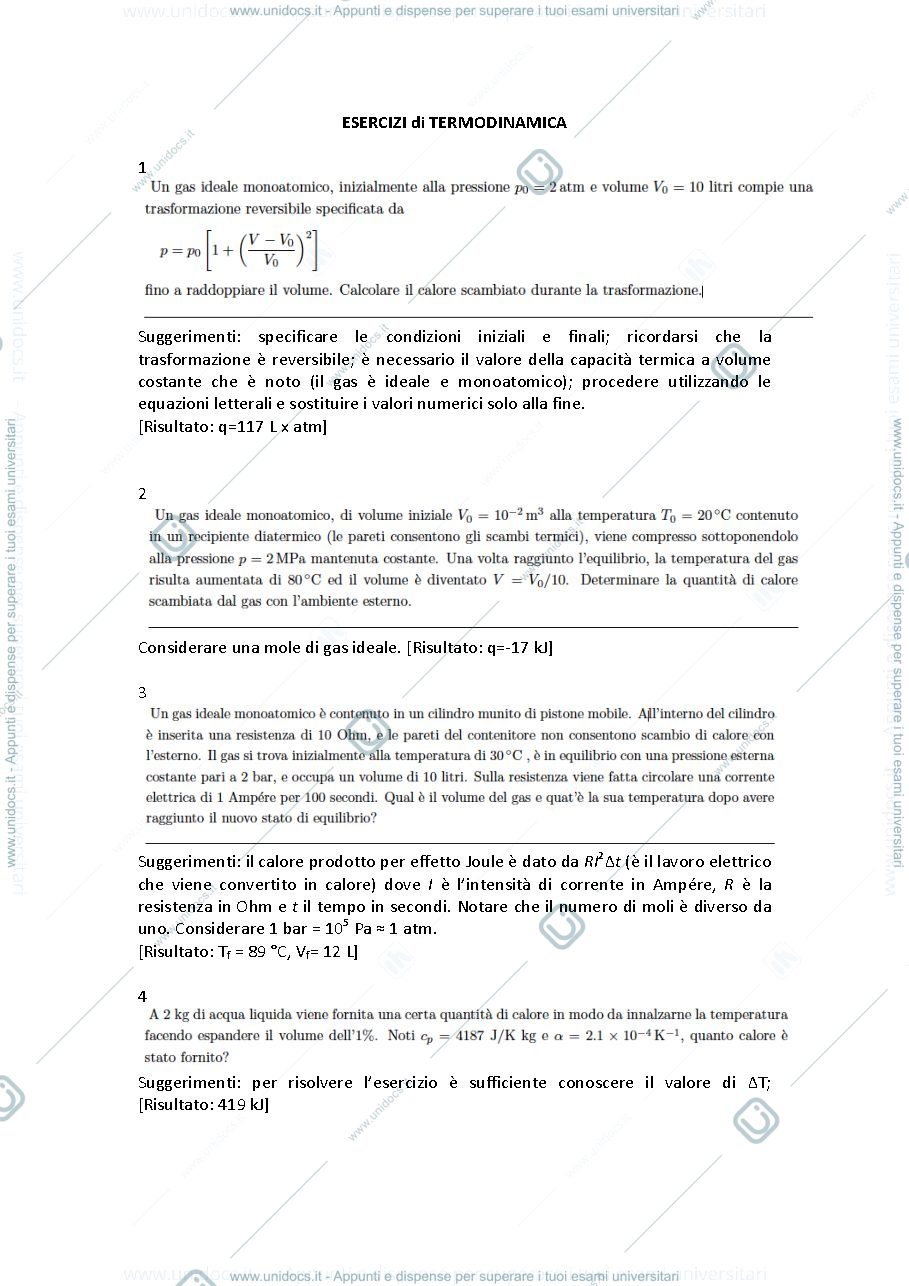 Anteprima pagina 1 — Esercizi di termodinamica e cinetica per il corso di Chimica fisica 1, prof. Scipioni