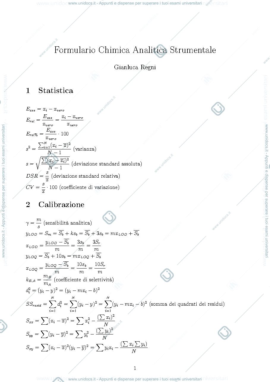 Anteprima pagina 1 — Formulario - Chimica Analitica Strumentale