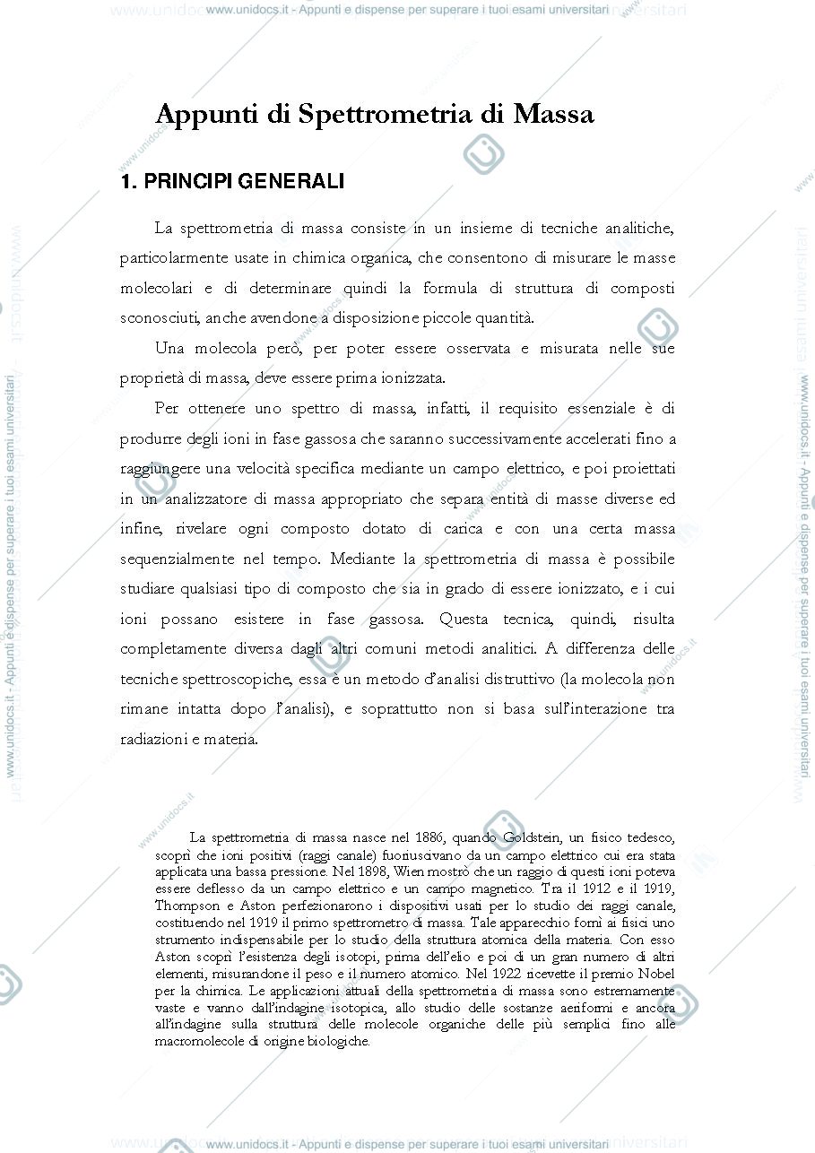 Anteprima pagina 1 — Appunto di spettrometria di massa
