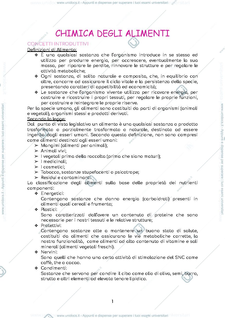 Anteprima pagina 1 — Appunti completi di chimica degli alimenti - Prof.ssa Bertazzo