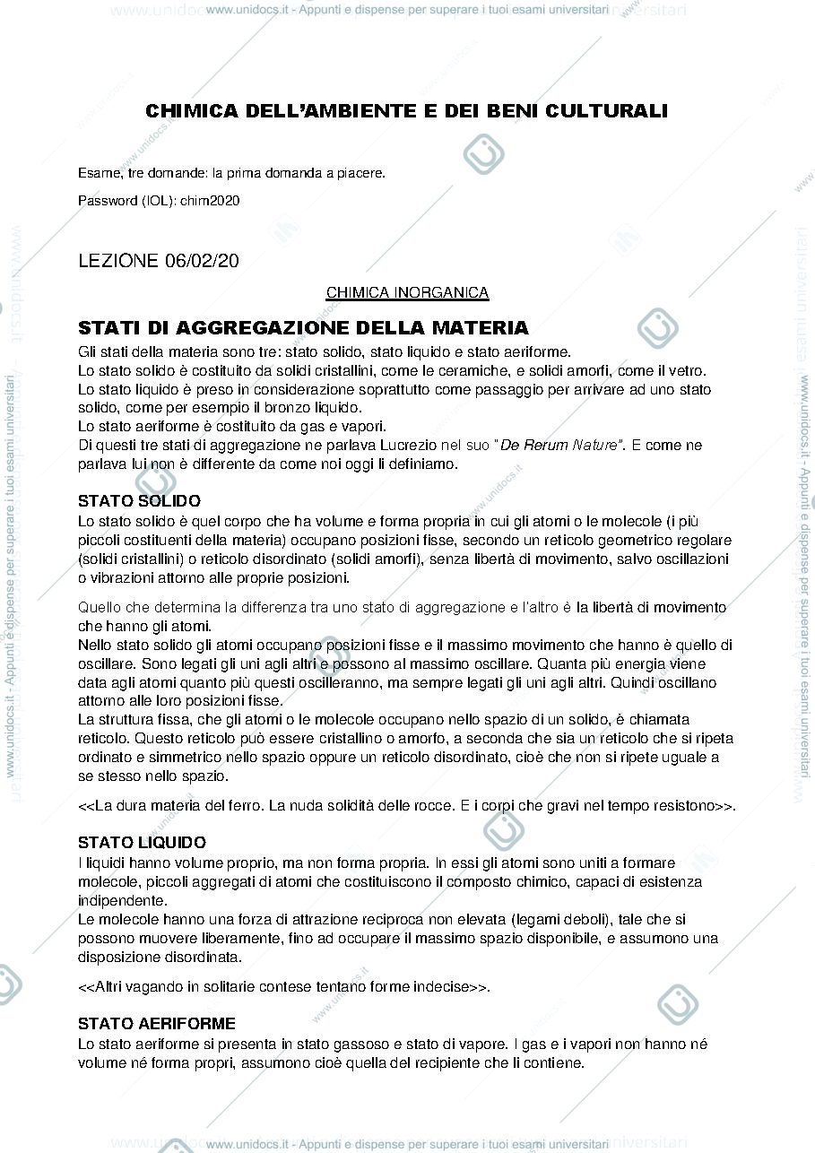 Anteprima pagina 1 — appunti delle lezioni di chimica dei beni culturali