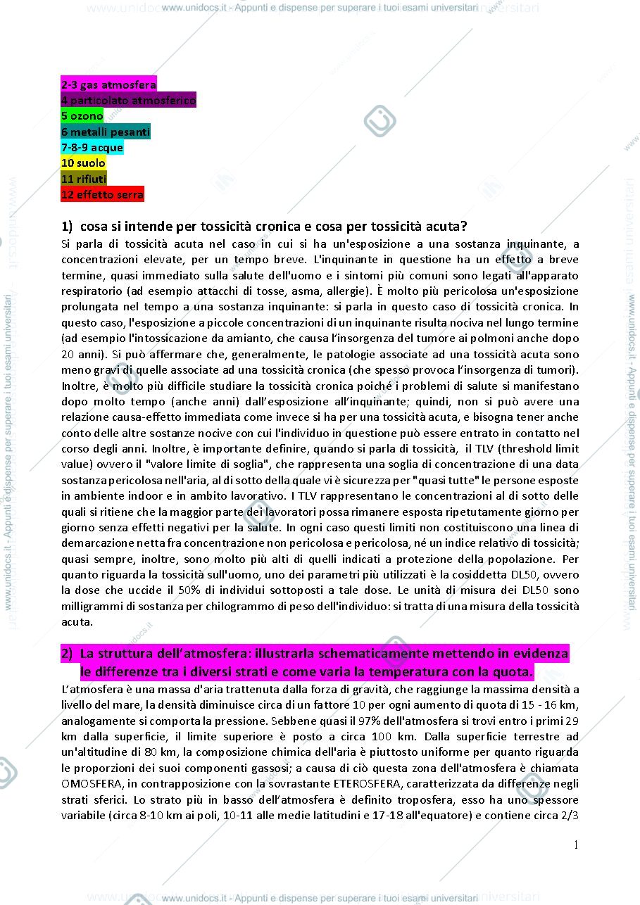 Anteprima pagina 1 — Domande e risposte chimica dell'ambiente