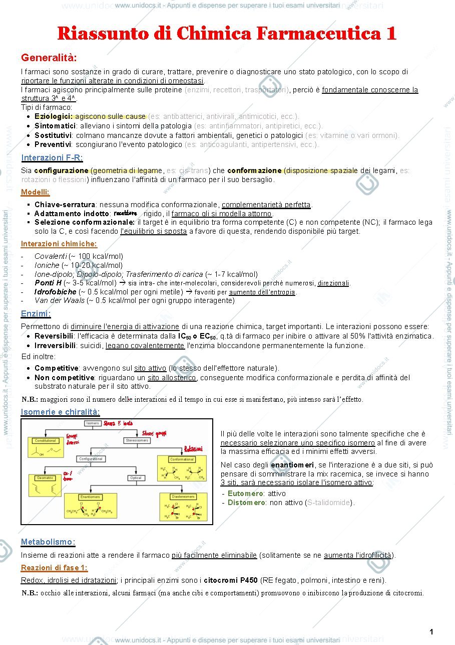 Anteprima pagina 1 — Riassunto di chimica farmaceutica 1