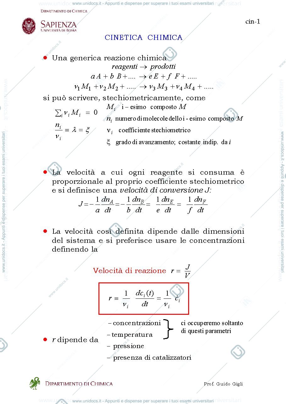 Anteprima pagina 1 — Slide cinetica del corso di chimica fisica 1