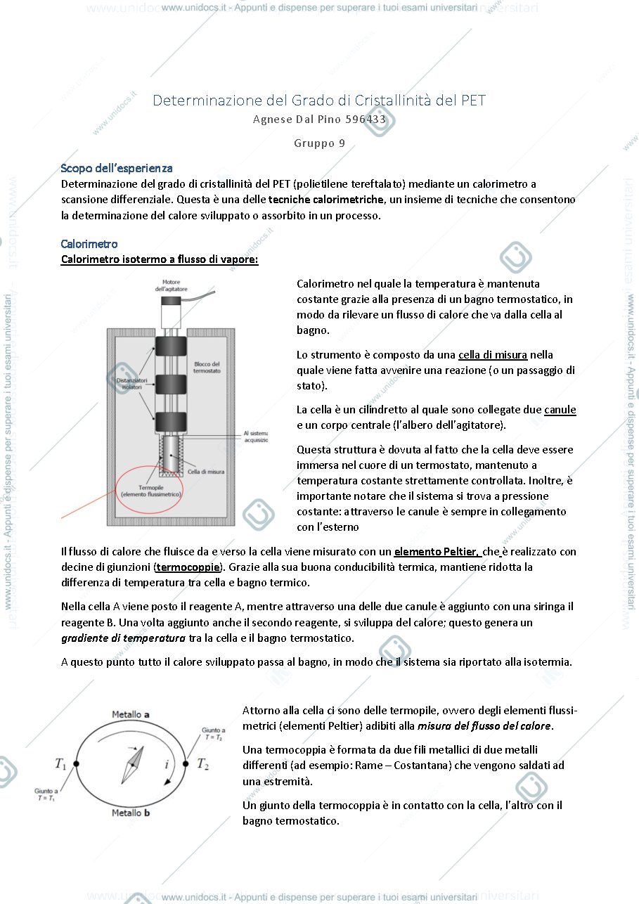 Anteprima pagina 1 — Relazione sull'esperienza della Calorimetria Differenziale a Scansione (DSC)
