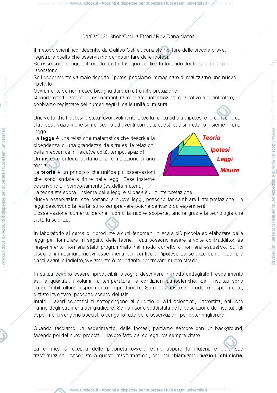 Anteprima pagina 1 — Metodo scientifico introduzione alla chimica
