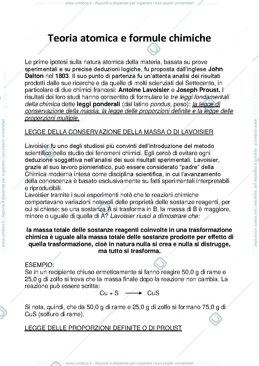 Anteprima pagina 1 — Teoria atomica e formule chimiche