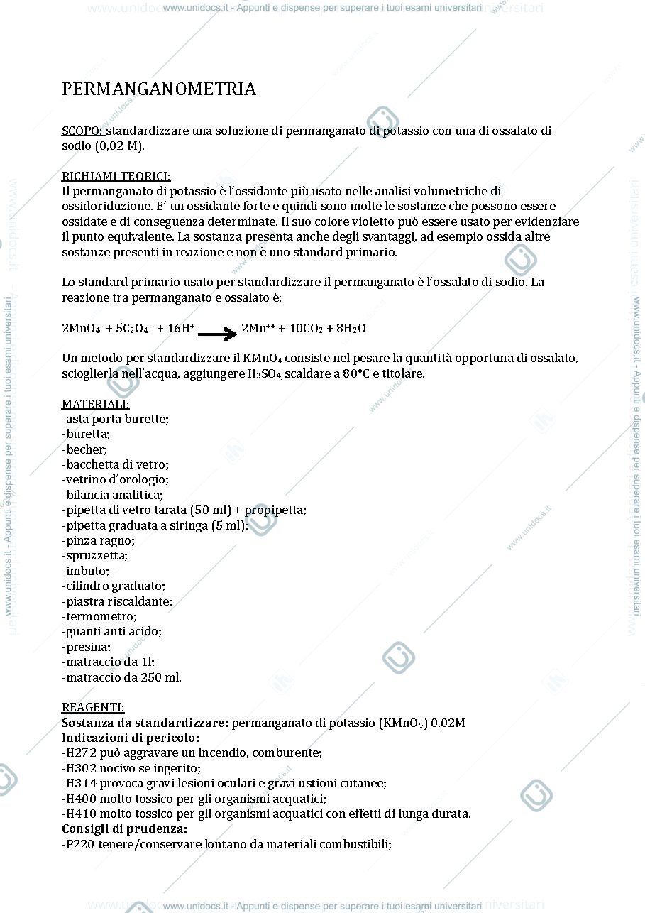 Anteprima pagina 1 — standardizzazione di una soluzione di permanganato di potassio 