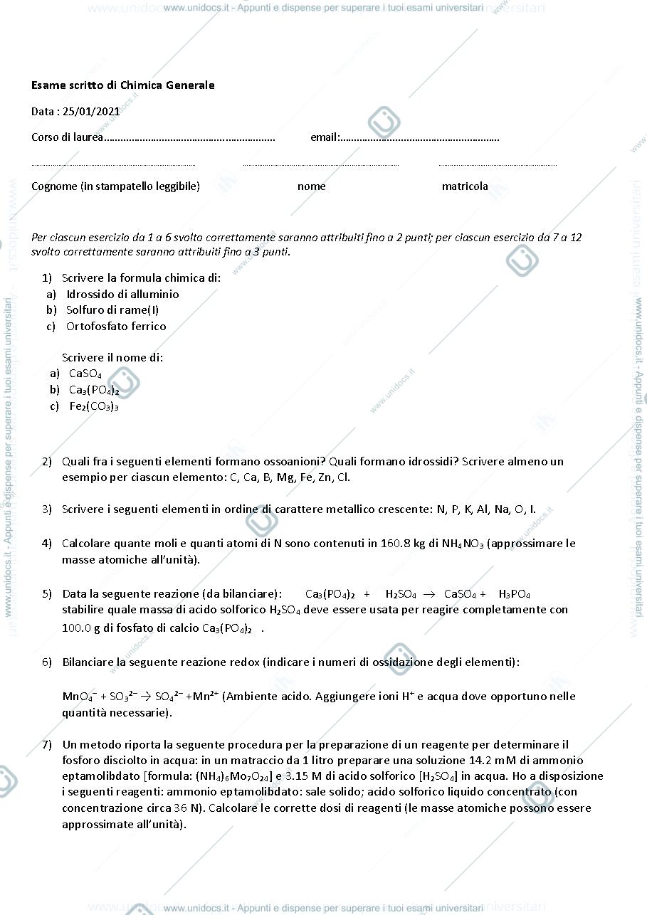 Anteprima pagina 1 — Esempio esame chimica generale scienze agrarie unito