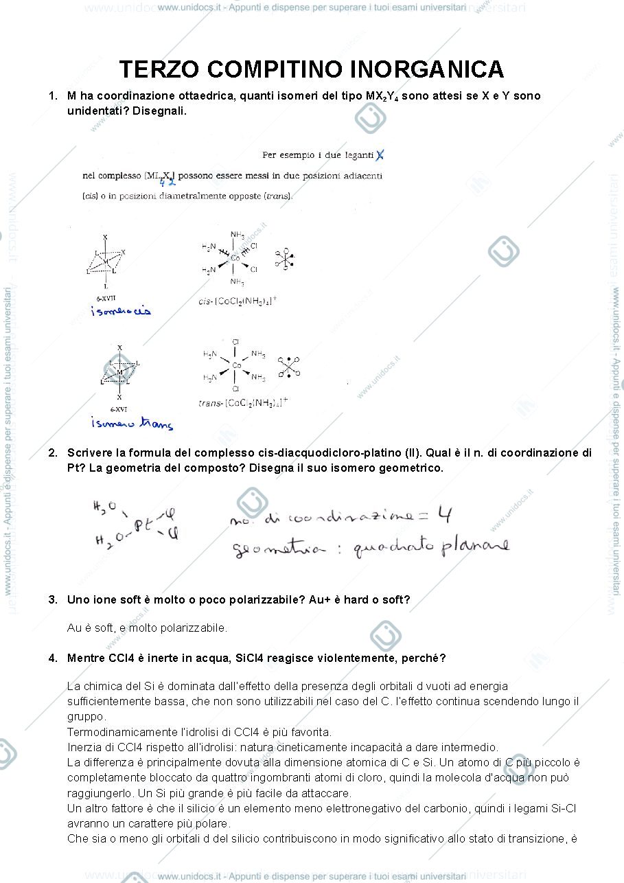 Anteprima pagina 1 — Chimica inorganica - risposte esame