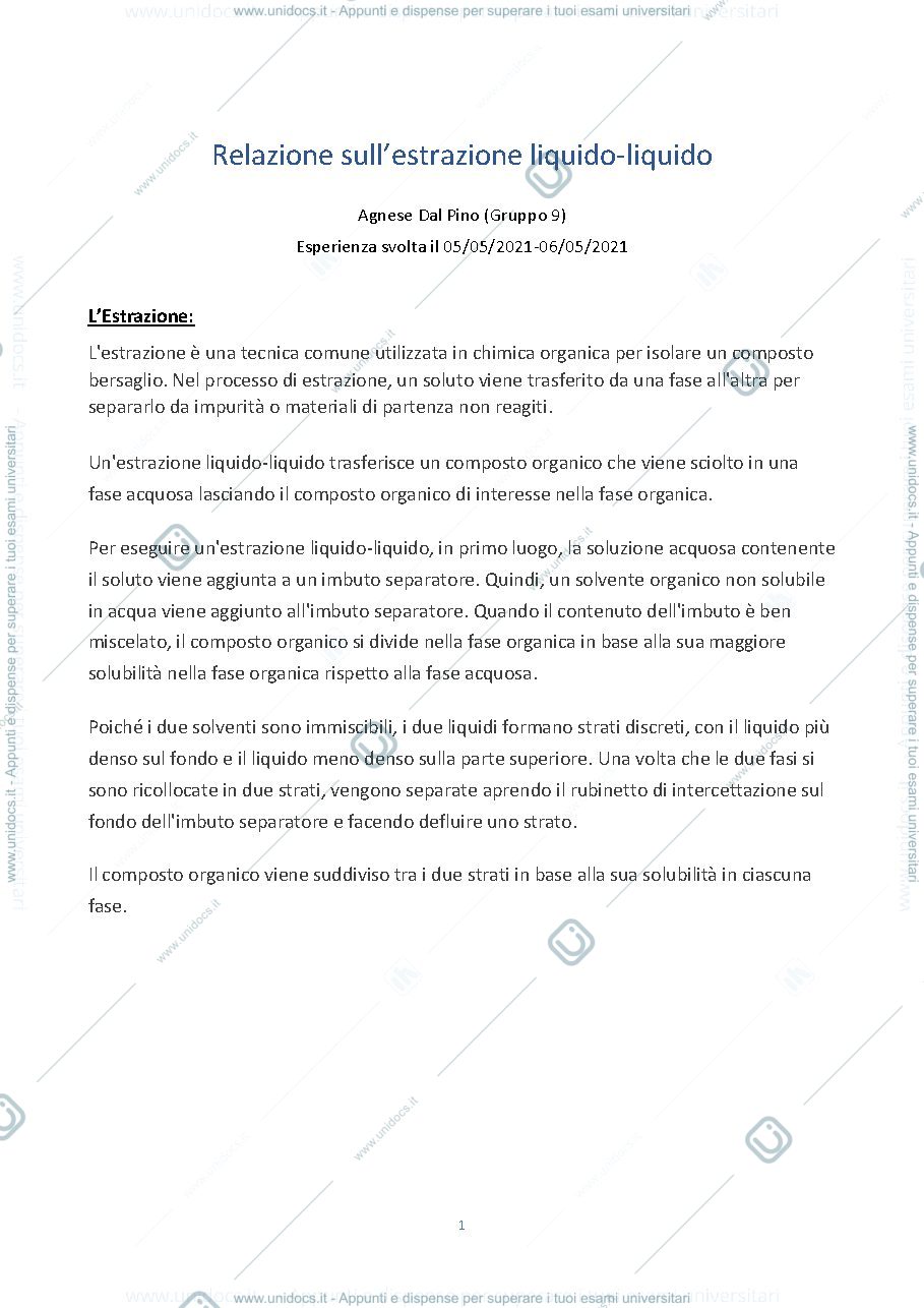 Anteprima pagina 1 — Relazione sull'estrazione iquido-Liquido