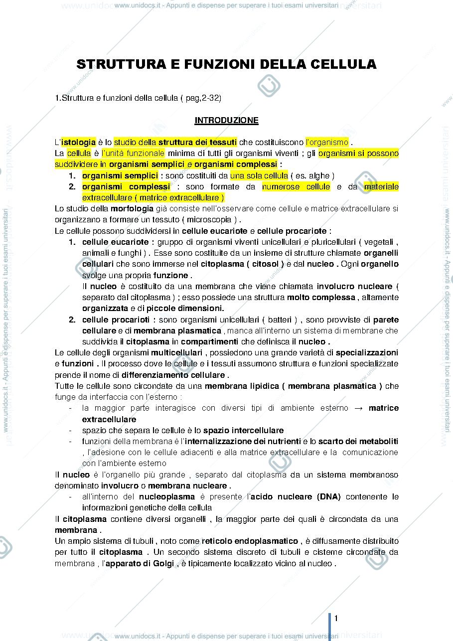 Anteprima pagina 1 — STRUTTURA E FUNZIONE DELLA CELLULA 