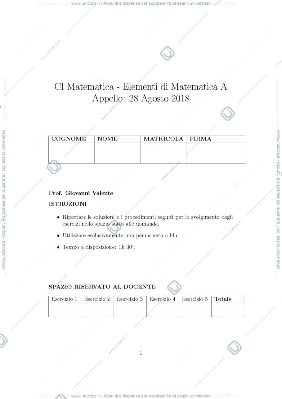 Anteprima pagina 1 — testo d'esame di analisi 1