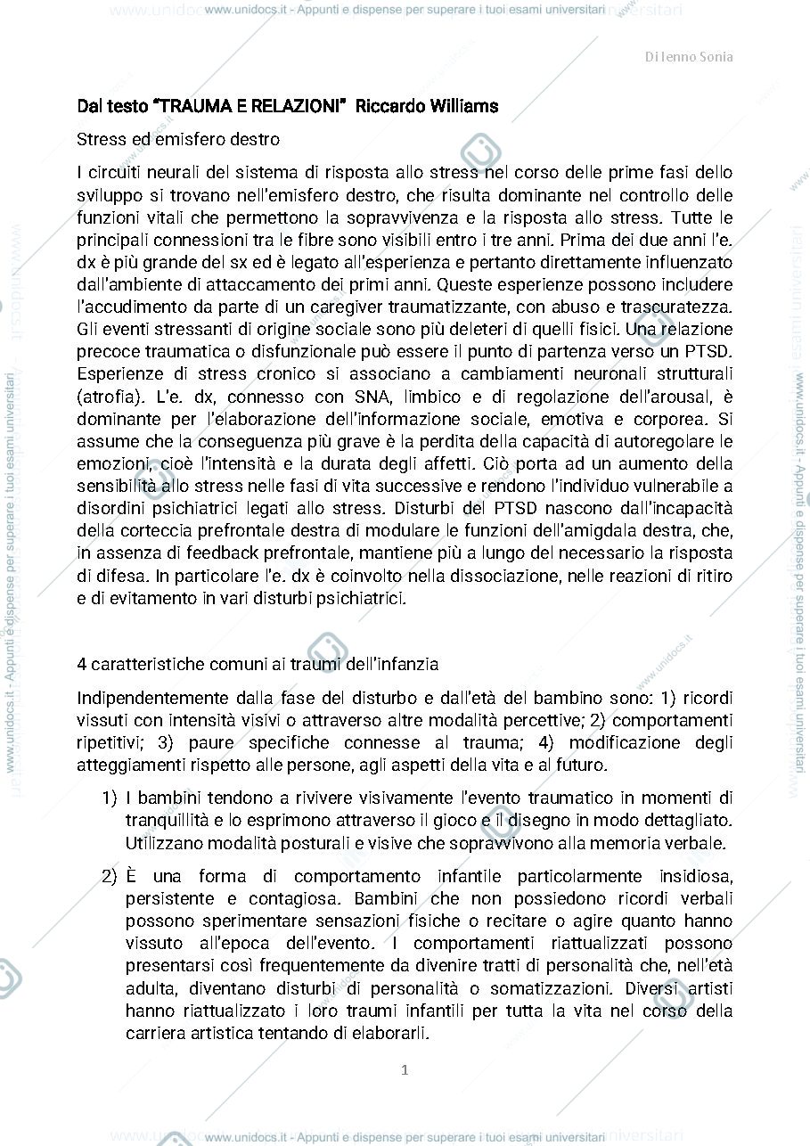 Anteprima pagina 1 — appunti dal testo Trauma e relazioni di R.  Williams
