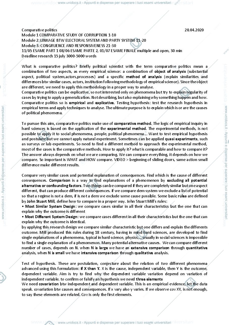 Anteprima pagina 1 — Appunti Comparative Politics 1-3