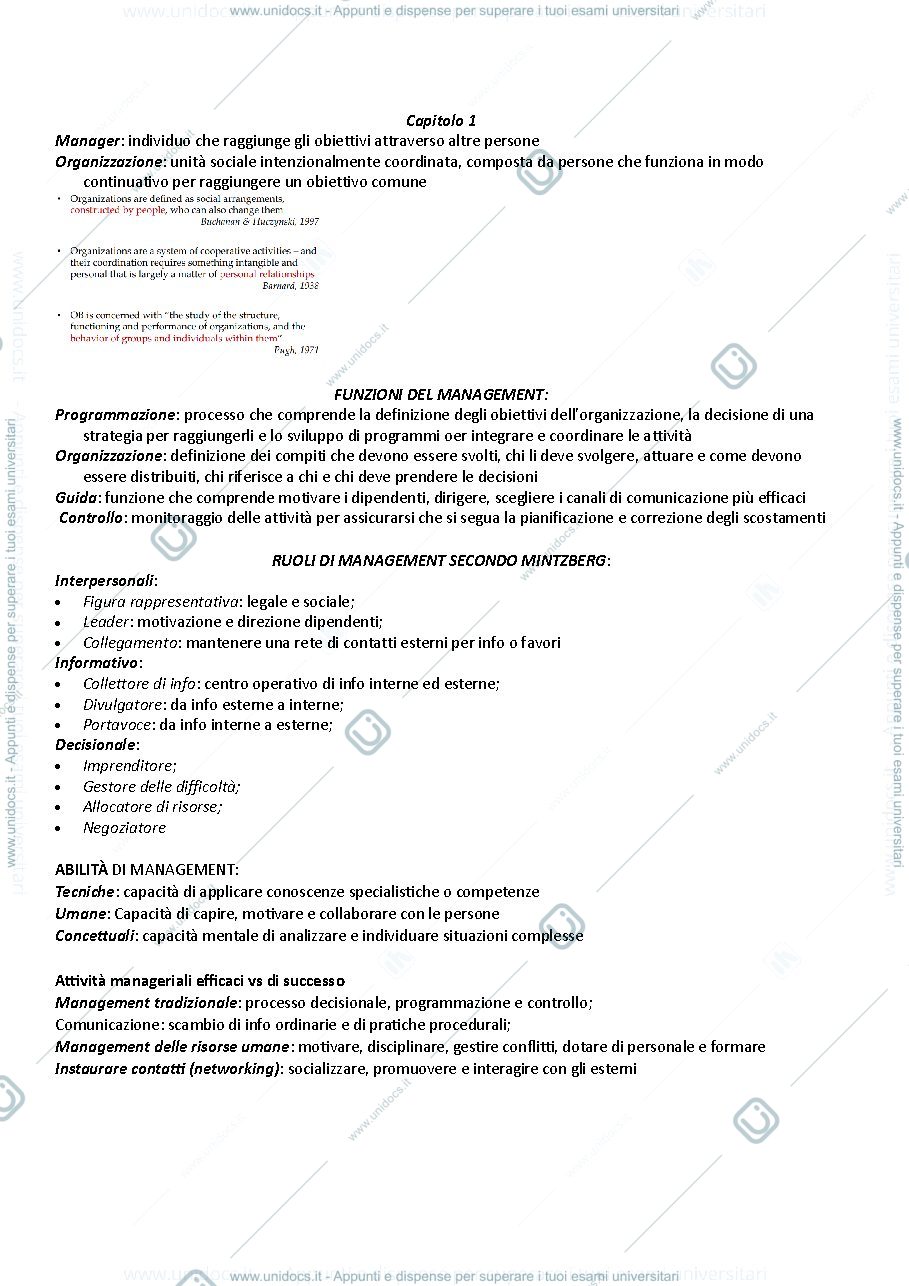 Anteprima pagina 1 — Riassunto Comportamento Organizzativo