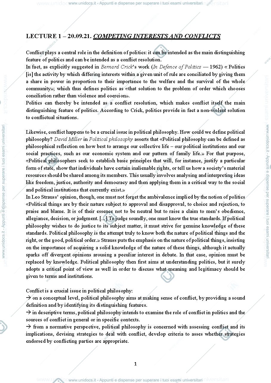 Anteprima pagina 1 — Lecture notes of unit 1 of "Conflicts and Political Legitimacy"