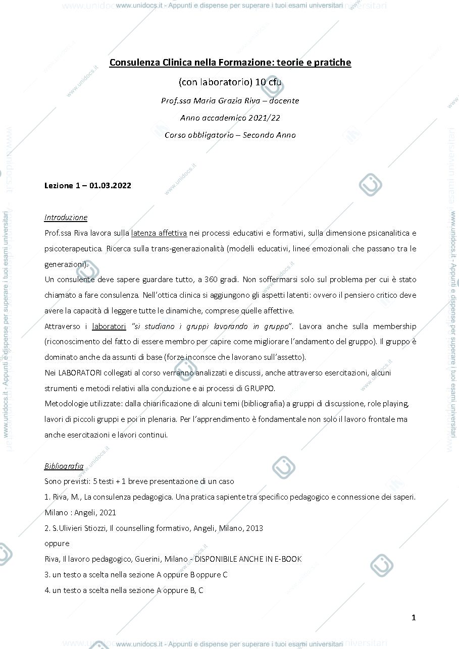 Anteprima pagina 1 — Appunti Corso CONSULENZA CLINICA NELLA FORMAZIONE