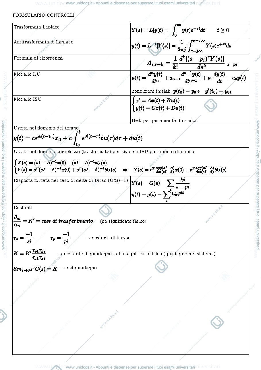 Anteprima pagina 1 — Formulario per esercizi di controlli automatici