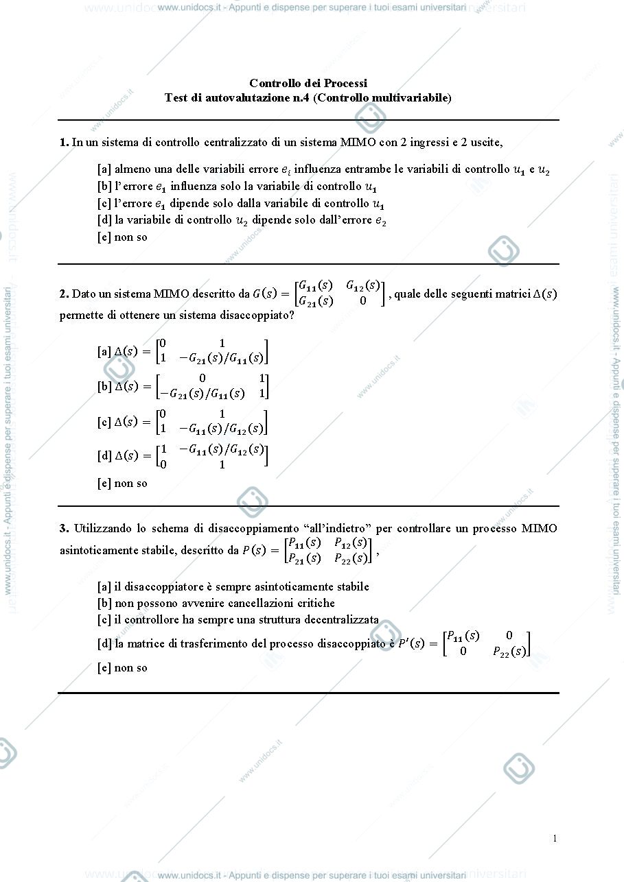 Anteprima pagina 1 — Prova4_Controllo_multivariabile prove di autovalutazione prof: Bolzern