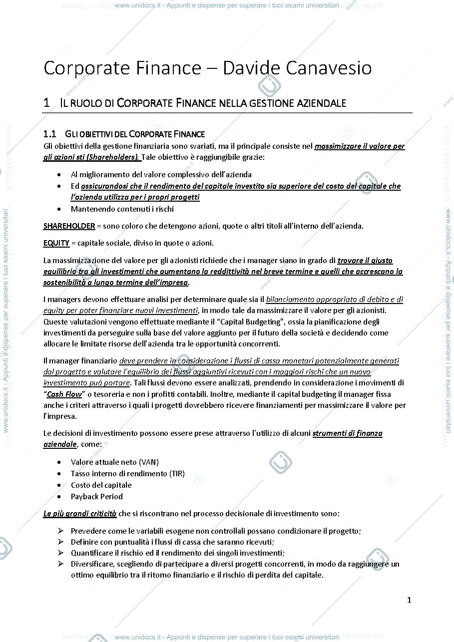 Anteprima pagina 1 — Corporate Finance Appunti Completi