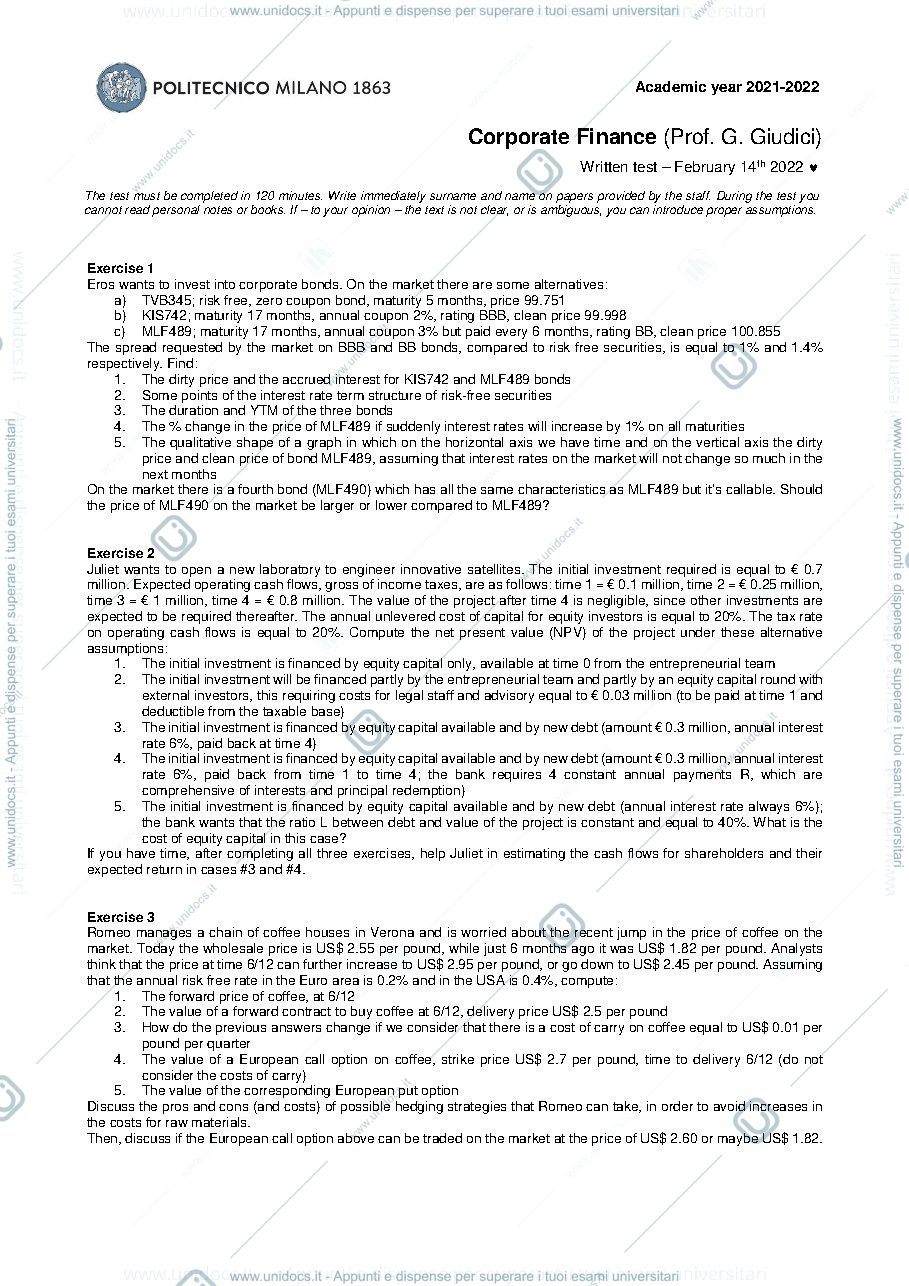 Anteprima pagina 1 — Tema d'esame 2022 febbraio