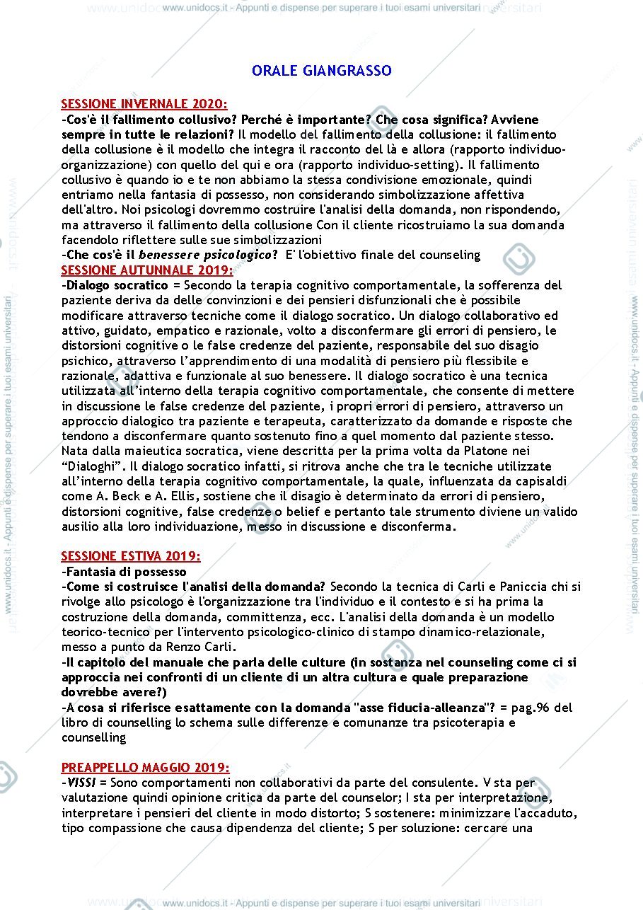 Anteprima pagina 1 — Domande orale Counseling Psicologico Clinico