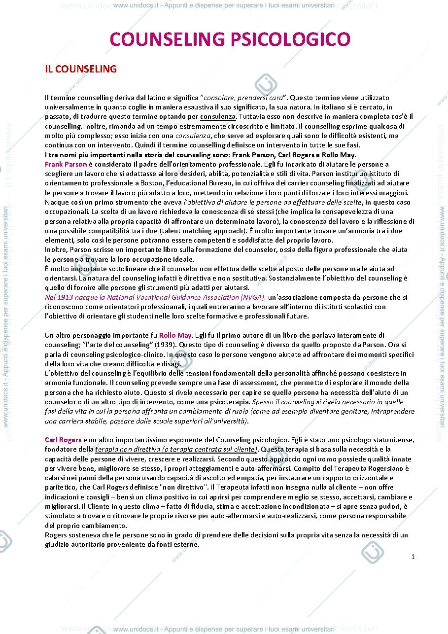 Anteprima pagina 1 — Riassunto "Il Counselling Psicologico" (Giusti e Pagani)
