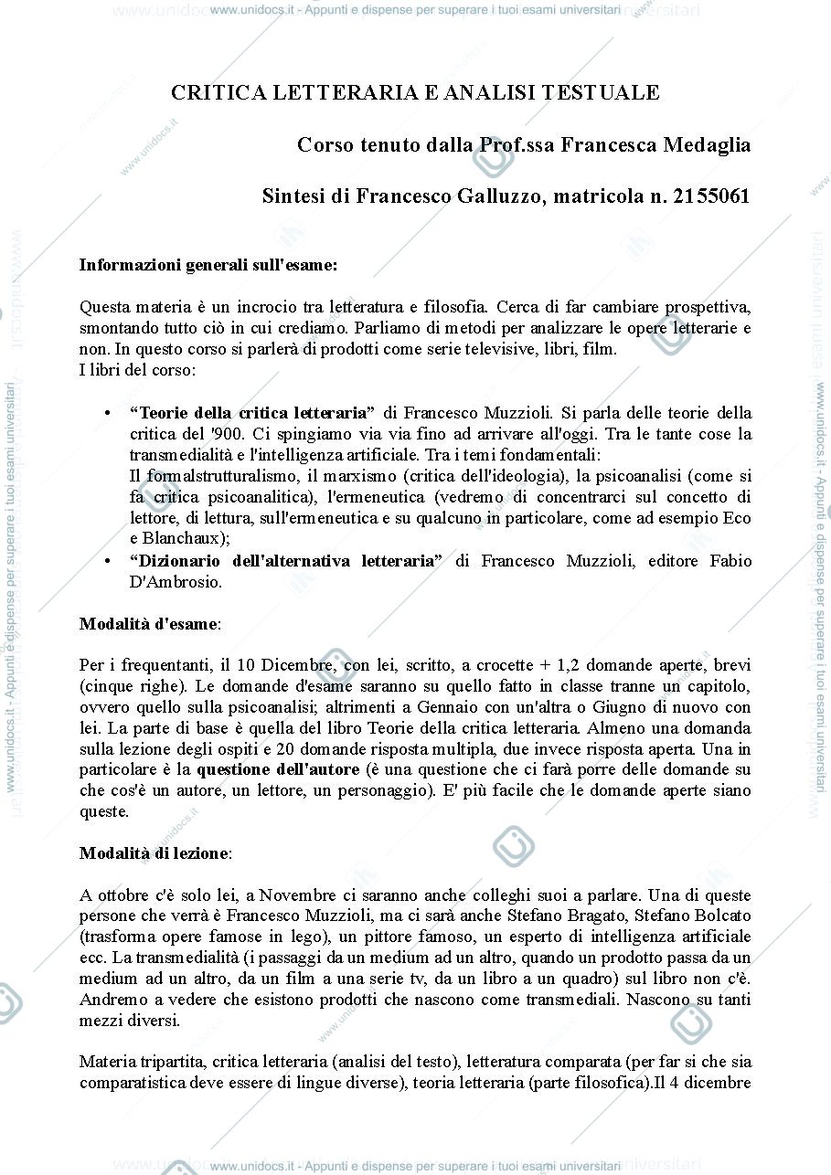 Anteprima pagina 1 — Sbobine corso Critica letteraria, complete di lezioni degli ospiti