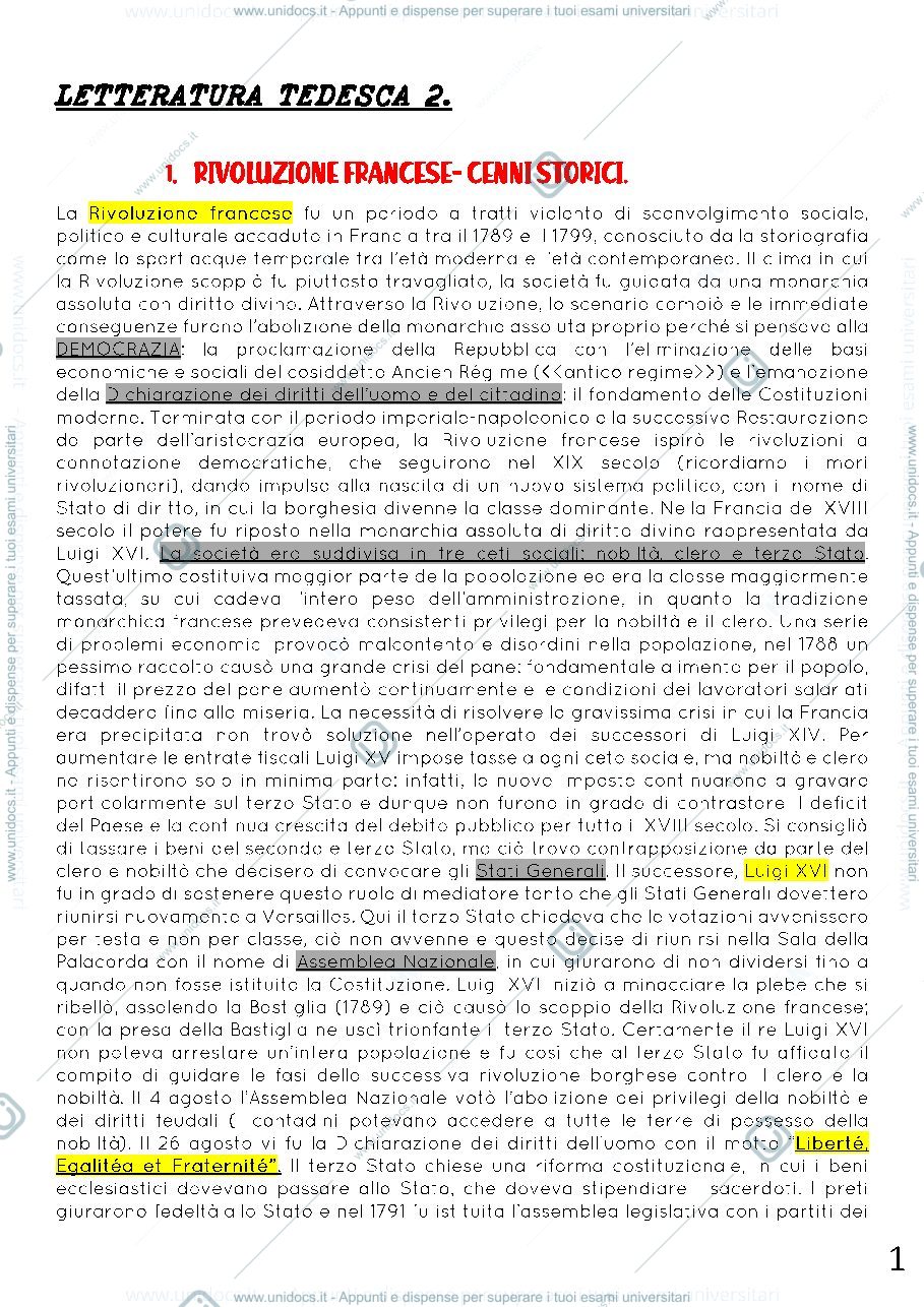 Anteprima pagina 1 — Appunti di letteratura tedesca 2. "Movimenti storici e socio-letterari: dalla Rivoluzione Francese al Naturalismo".