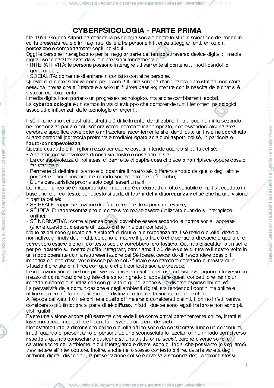Anteprima pagina 1 — Riassunto Cyberpsicologia