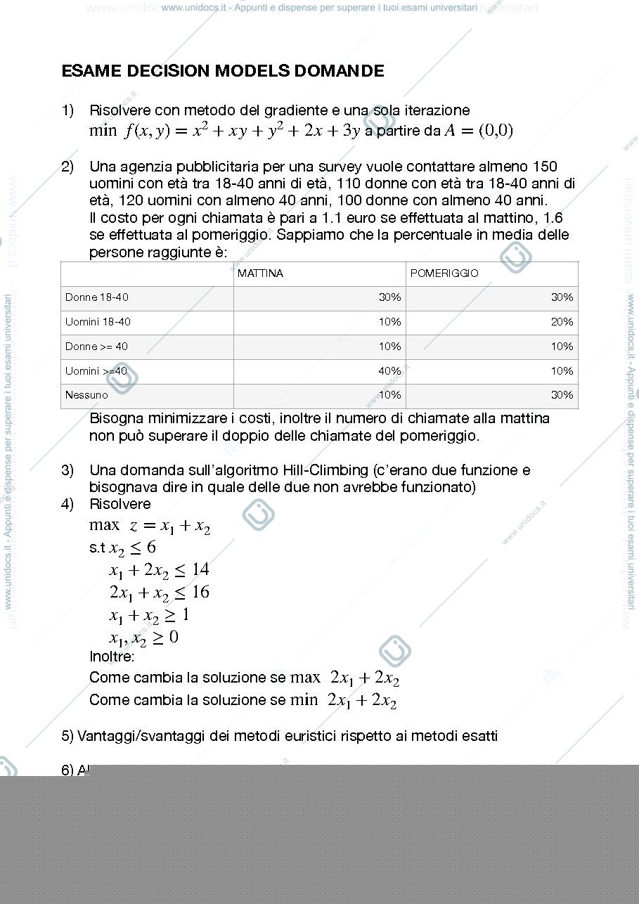 Anteprima pagina 1 — Domande esame Decision Models