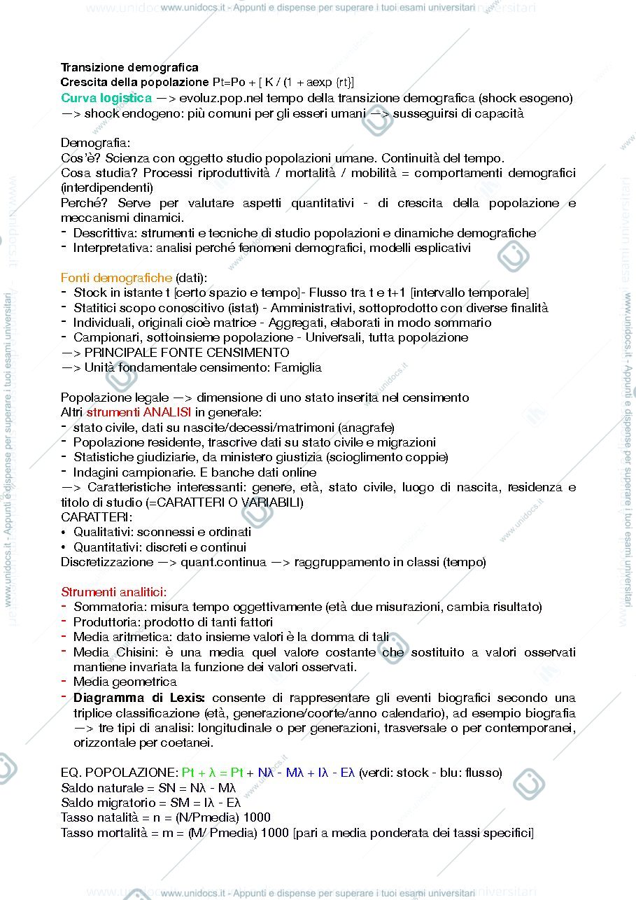 Anteprima pagina 1 — Riassunto demografia