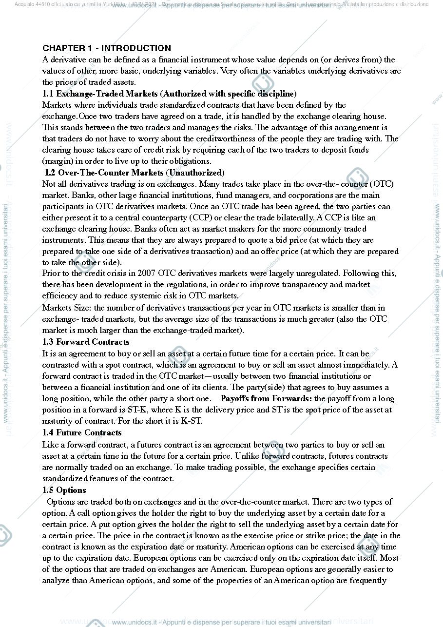 Anteprima pagina 1 — Dispensa Derivative Securities Pricing Petrella