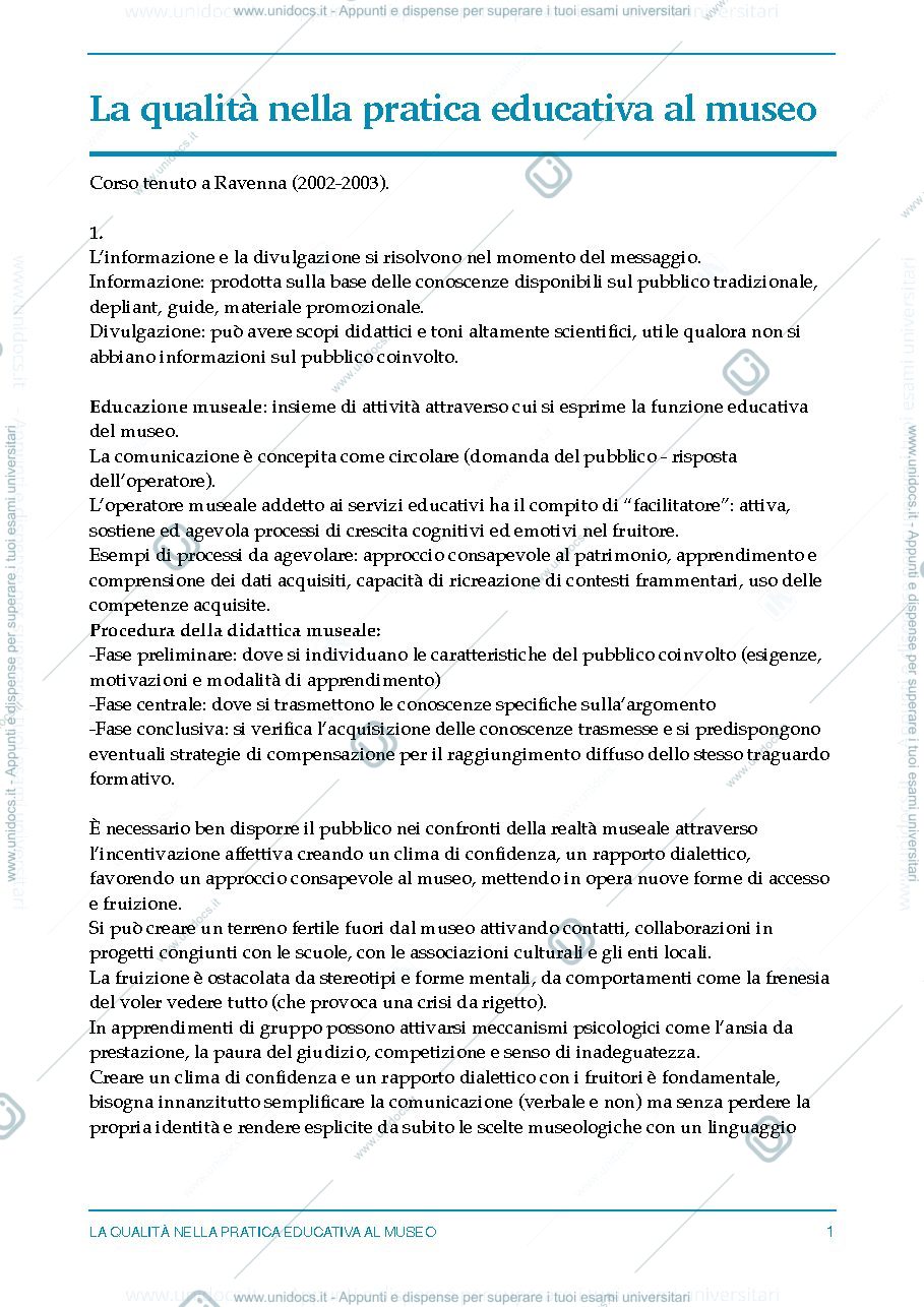 Anteprima pagina 1 — La qualità nella pratica educativa al museo