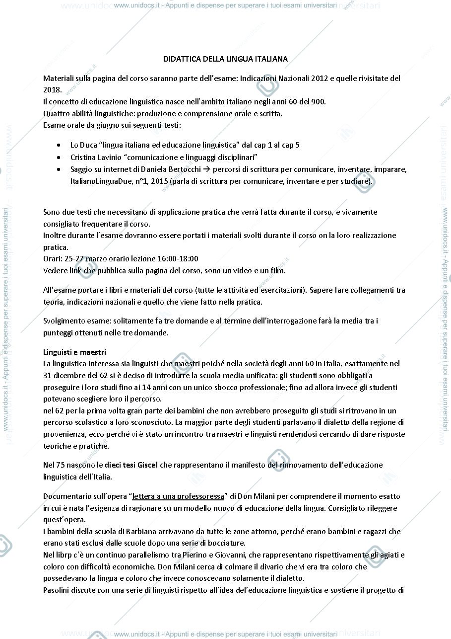 Anteprima pagina 1 — APPUNTI DIDATTICA DELLA LINGUA ITALIANA