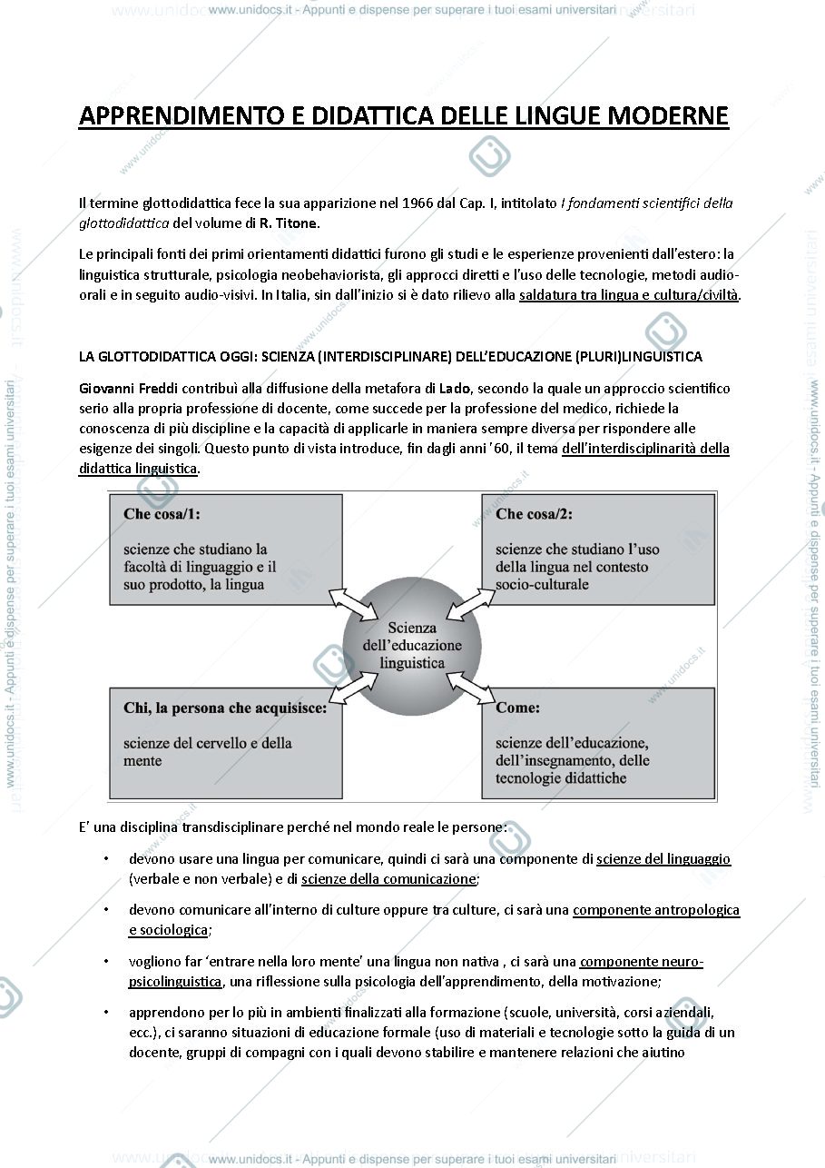 Anteprima pagina 1 — Appunti DIDATTICA E APPRENDIMENTO DELLE LINGUE MODERNE - Prof. Tenchini - PART 1