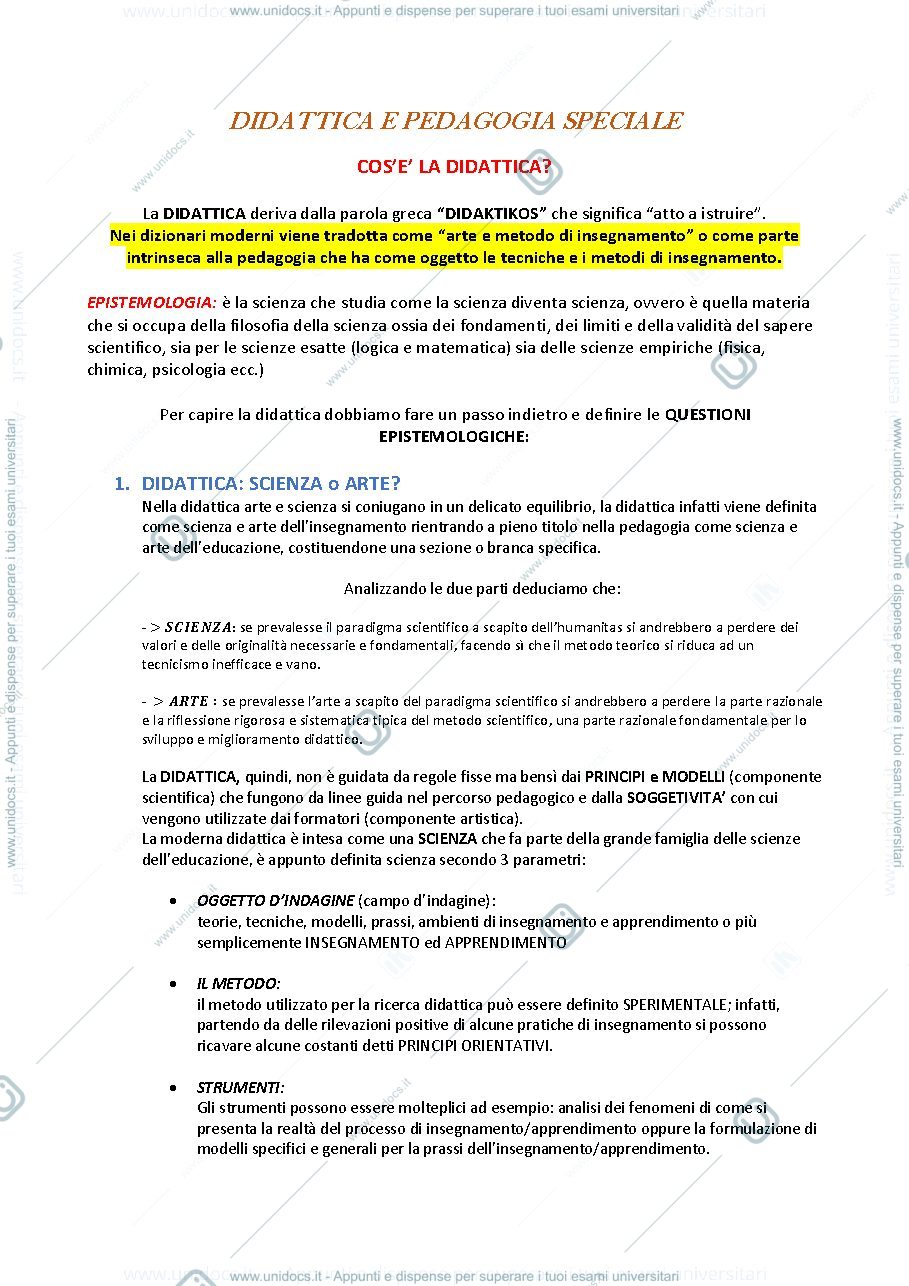 Anteprima pagina 1 — APPUNTI COMPLETI DIDATTICA E PEDAGOGIA SPECIALE