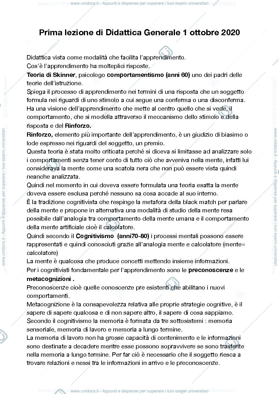 Anteprima pagina 1 — appunti prima lezione di didattica